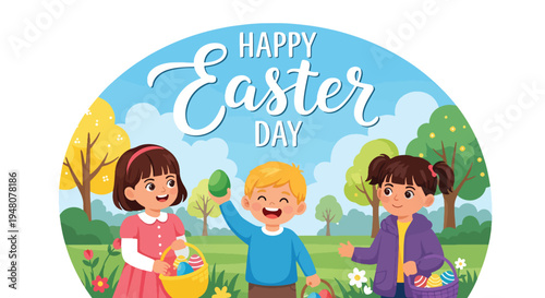 Joyful children searching for colorful Easter eggs in blooming spring park with baskets, flowers, and festive decorations in modern flat vector style