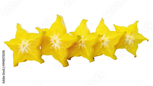 Isolated fresh yellow starfruit slices arranged in a row, healthy tropical fruit food ingredient