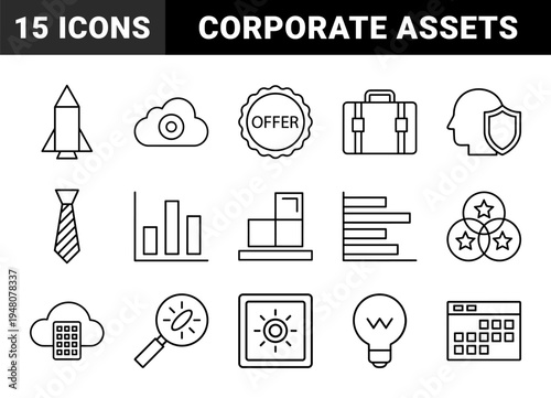 Business line icon set. Vector pictograms of briefcase, rocket, cloud data, graph, lightbulb, calendar, tie, and shield, thin outline illustration.