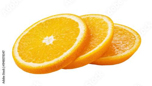 Isolated fresh juicy orange fruit slices stacked, vibrant citrus food cut in half.