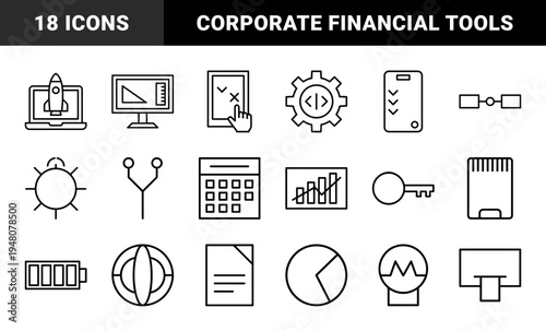 Business and finance icon set. Vector pictograms of briefcase, calculator, coins, handshake, trophy, lightbulb, and magnifying glass, black silhouette illustration.