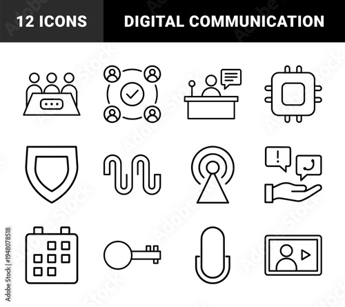 Business and technology line icon set. Vector pictograms of processor, shield, calendar, key, meeting, antenna, and data structures, thin outline illustration.
