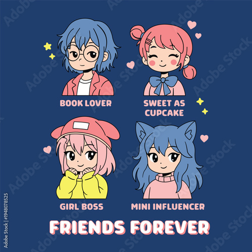 Cute Kawaii Anime Girls Friends Forever Character Illustration Set