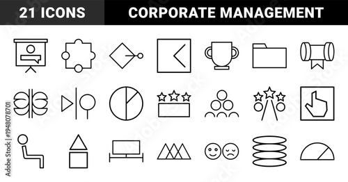 Business management and presentation line icon set. Vector pictograms of trophy, folder, chart, puzzle, podium, group, and feedback, thin outline illustration.