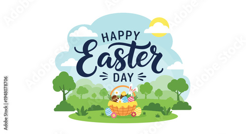 Easter basket filled with colorful decorated eggs and blooming spring flowers arranged in clean modern flat solid color vector style