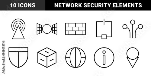 Technology and communication line icon set. Vector pictograms of satellite, antenna, firewall, globe, shield, cube, and information, thin outline illustration.