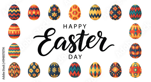 Decorated Easter eggs featuring floral and geometric patterns arranged in a clean modern flat solid color vector illustration style for seasonal design use