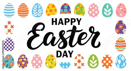 Decorated Easter eggs featuring floral and geometric patterns arranged in a clean modern flat solid color vector illustration style for seasonal design use