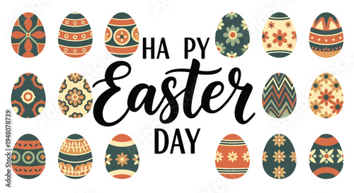 Decorated Easter eggs featuring floral and geometric patterns arranged in a clean modern flat solid color vector illustration style for seasonal design use