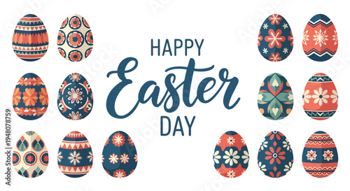 Decorated Easter eggs featuring floral and geometric patterns arranged in a clean modern flat solid color vector illustration style for seasonal design use