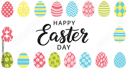 Decorated Easter eggs featuring floral and geometric patterns arranged in a clean modern flat solid color vector illustration style for seasonal design use