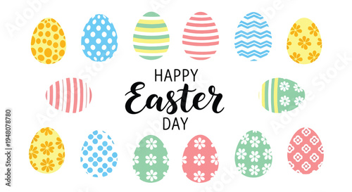 Decorated Easter eggs featuring floral and geometric patterns arranged in a clean modern flat solid color vector illustration style for seasonal design use