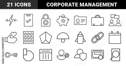 Business and productivity line icon set. Vector pictograms of lock, folder, checklist, piggy bank, calendar, key, rocket, and link, thin outline illustration.