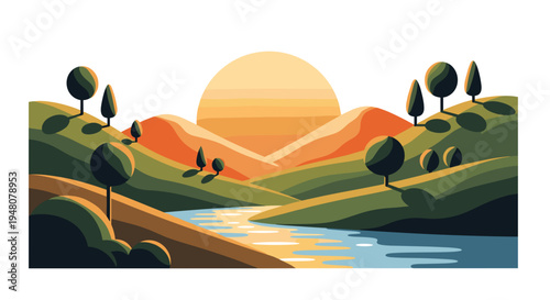 Serene Landscape with Sunset and River.