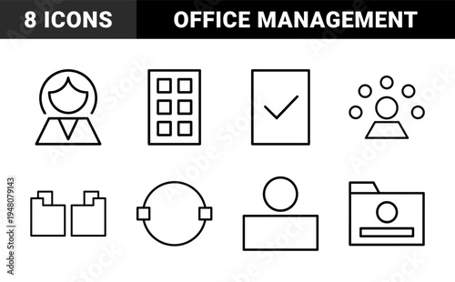 Business and office management line icon set. Vector pictograms of building, user, checklist, networking, folder, and smartphone, thin outline illustration.