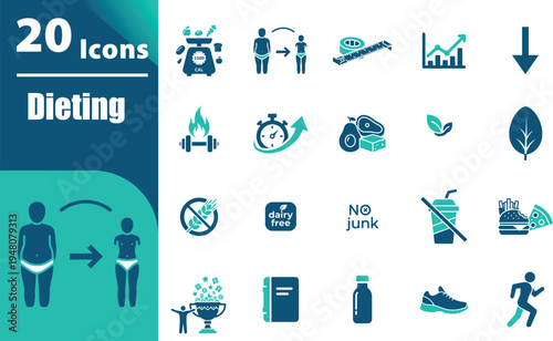 Dieting and fitness icons set collection.