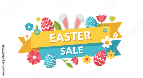 Easter sale banner featuring decorated eggs, bunny elements, and bold promotional typography space in flat solid color vector style