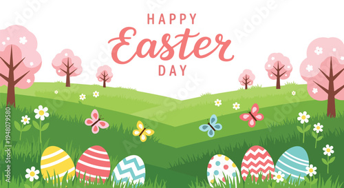 Rolling hills, blooming trees, butterflies, and decorated Easter eggs arranged in fresh spring landscape in modern flat solid color vector style