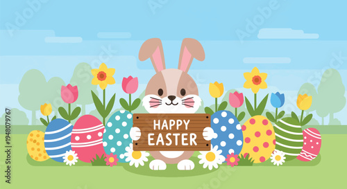 Adorable Easter bunny holding Happy Easter sign surrounded by decorated eggs and blooming spring flowers in flat solid color vector style