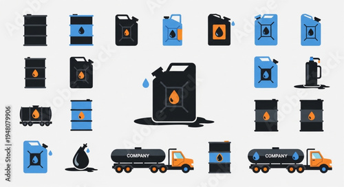 Oil Industry Elements - Barrels, Cans, Tanker Trucks, and Oil Drops.