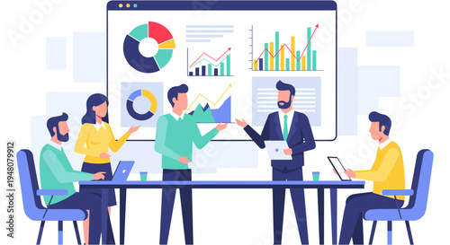 Business team presenting data on whiteboard in colorful flat design for corporate marketing