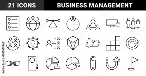 Business and finance icon set. Vector glyph pictograms of calculator, briefcase, chart, lightbulb, handshake, and target, black silhouette illustration.