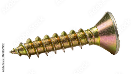 Isolated golden metal self-tapping wood screw with coarse threads and countersunk head