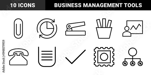 Business and office line icon set. Vector pictograms of paperclip, stapler, timer, telephone, graph, document, stamp, and organizational chart, thin outline illustration.