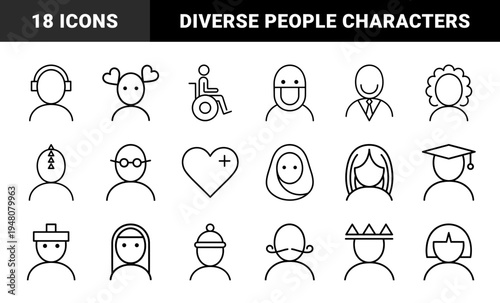 People line icon set. Vector pictograms of student, doctor, disabled person, graduate, athlete, heart, and diverse human characters, thin outline illustration.