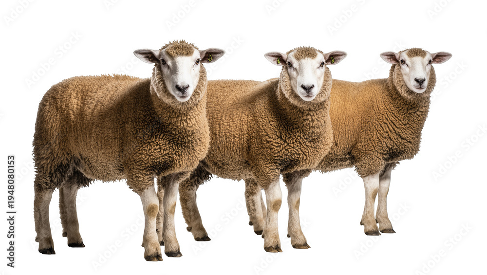 Fototapeta premium Isolated three beautiful brown woolly sheep standing side by side, looking directly at camera