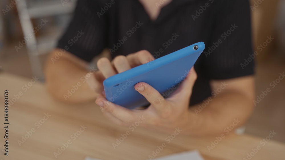 Fototapeta premium Man holding and tapping a blue tablet with fingertips at a wooden table in building, hands visible; focus productivity.
