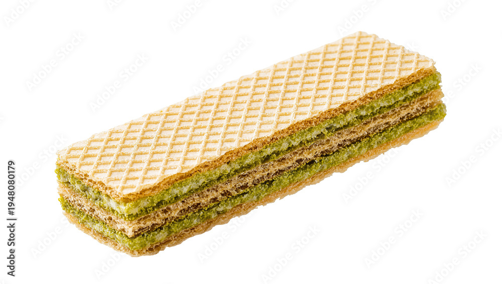 Fototapeta premium Isolated crispy multi-layered wafer with sweet green cream filling, delicious dessert.