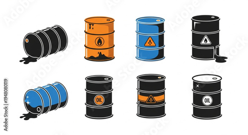 Collection of Toxic Waste Barrels with Hazard Symbols.
