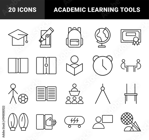 Education and school line icon set. Vector pictograms of telescope, graduation cap, globe, diploma, backpack, book, clock, student, compass, and chair, thin outline.