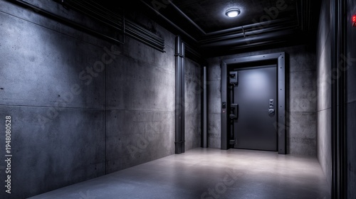 A dimly lit industrial hallway featuring a robust door and stark concrete walls