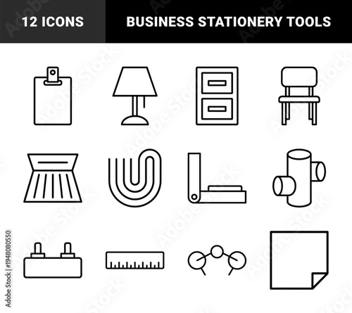 Office and stationery line icon set. Vector pictograms of filing cabinet, clipboard, chair, lamp, ruler, and sticky notes, thin outline illustration.