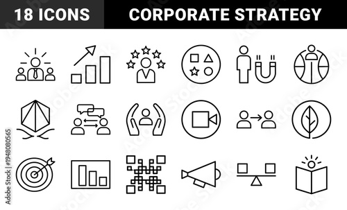 Business management and corporate strategy icon set. Vector pictograms of leadership, growth, communication, analytics, and target, thin black outline illustration.