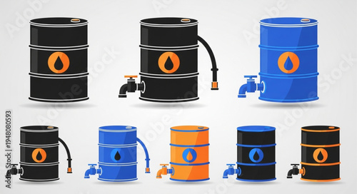 Collection of Oil Barrels with Spouts and Oil Drop Logos.