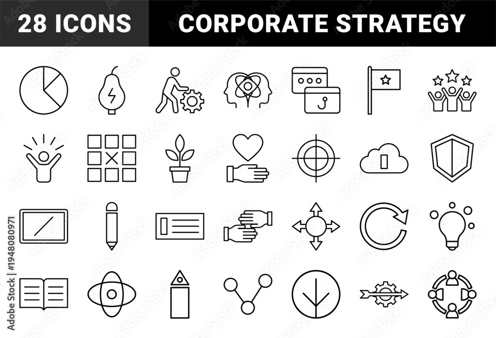 Fototapeta premium Business and strategy icon set. Vector pictograms of lightbulb, gear, target, chart, arrow, book, shield, and cloud, thin outline illustration.