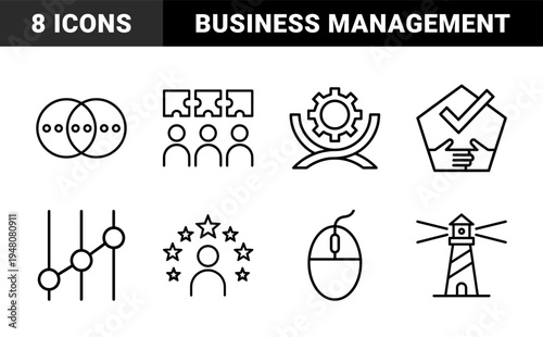 Business and management icon set. Vector pictograms of gear, people, puzzle, venn diagram, rating stars, data chart, lighthouse, and computer mouse, thin outline illustration.
