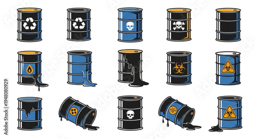 Collection of Barrels with Hazardous Waste Symbols.