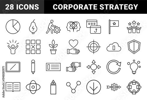 Business and strategy icon set. Vector pictograms of lightbulb, gear, target, chart, arrow, book, shield, and cloud, thin outline illustration.