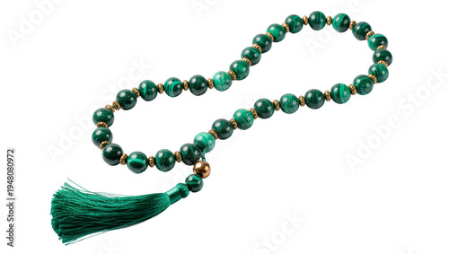 Φωτογραφία Isolated polished malachite prayer beads with a green tassel and golden spacer a
