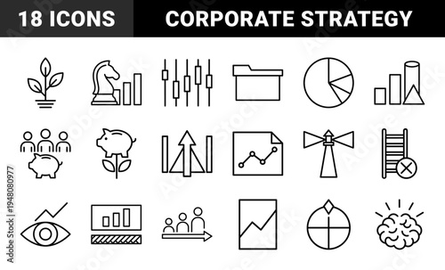 Business and finance line icon set. Vector pictograms of folder, chess knight, charts, plant, sliders, piggy bank, ladder, and lighthouse, thin outline illustration.