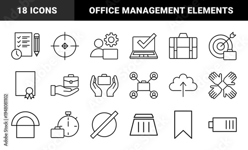 Business and office line icon set. Vector pictograms of briefcase, cloud, gear, folder, handshake, lightbulb, chart, and mail, thin outline illustration.