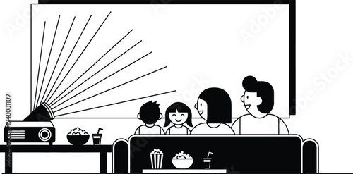 family watching movie on projector