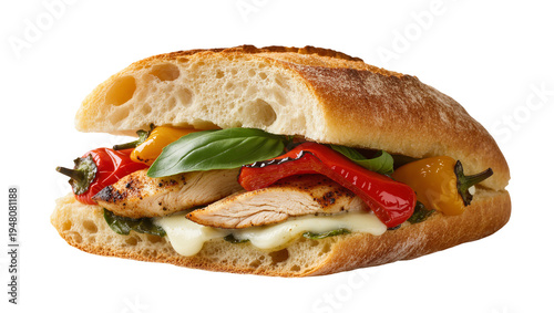 Tableau sur toile Isolated gourmet grilled chicken ciabatta sandwich with roasted peppers, fresh b