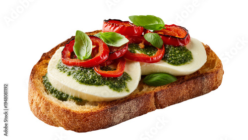 Quadro em tela Isolated Italian bruschetta with mozzarella, vibrant pesto, roasted red peppers and fresh basil