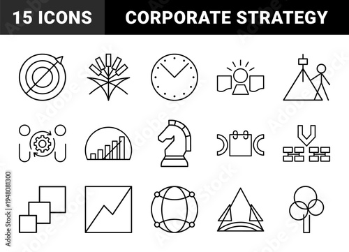 Business management and strategy line icon set. Vector pictograms of clock, calendar, chess, growth chart, gear, globe, and tree, thin outline illustration.