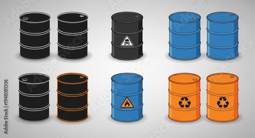 Collection of Colorful Industrial Barrels with Hazard Symbols.